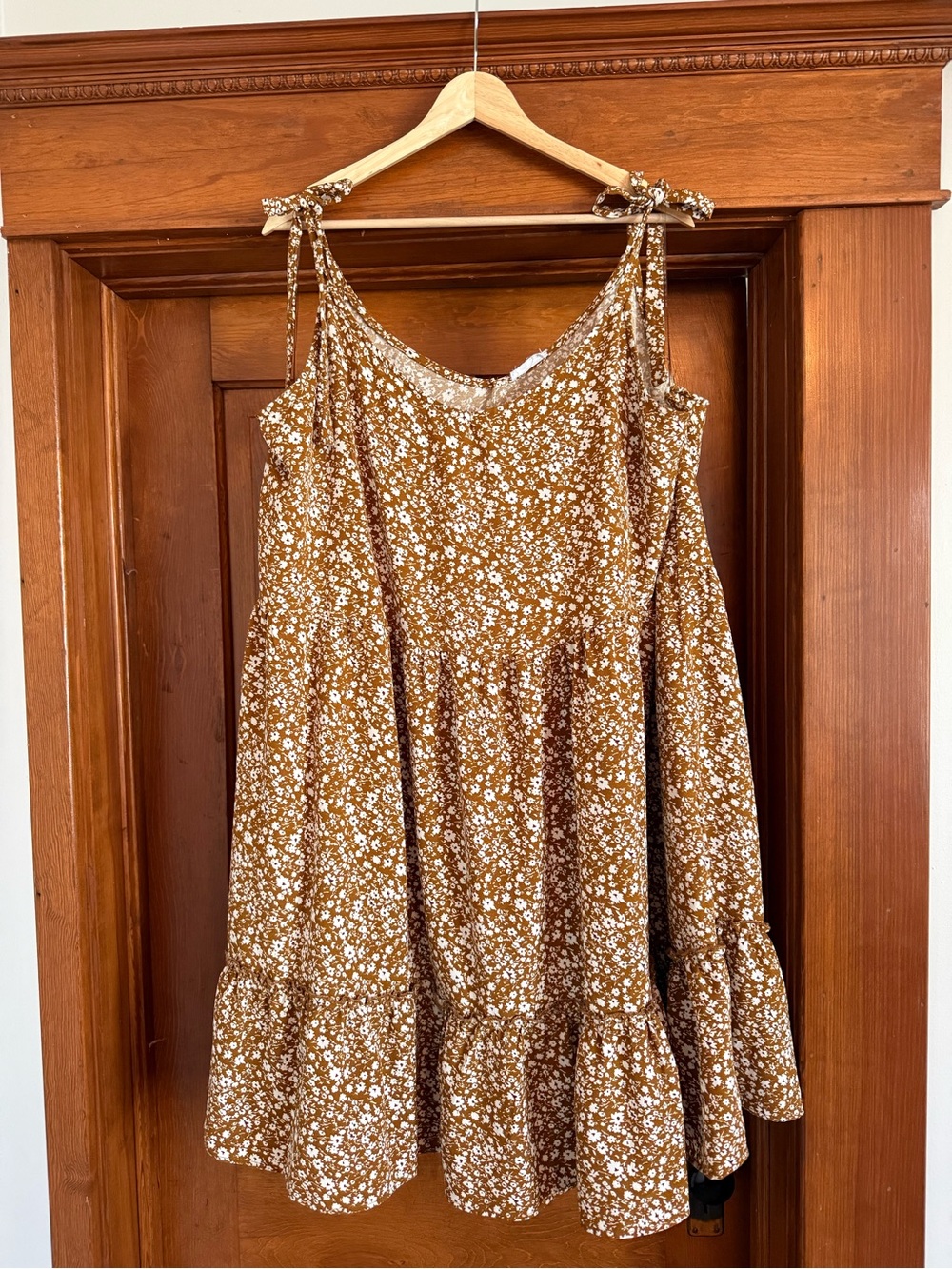 Chic Soul Mustard Brown Ditsy Floral Tie-Shoulder Sundress